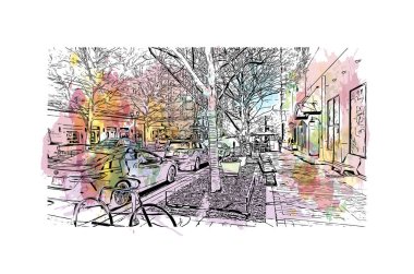 Rockville 'in simgesi olan Print Building Manzarası, Maryland' deki bir şehirdir. Vektörde elle çizilmiş resim ile suluboya sıçraması.