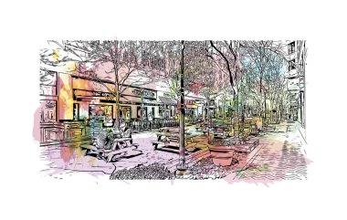 Rockville 'in simgesi olan Print Building Manzarası, Maryland' deki bir şehirdir. Vektörde elle çizilmiş resim ile suluboya sıçraması.