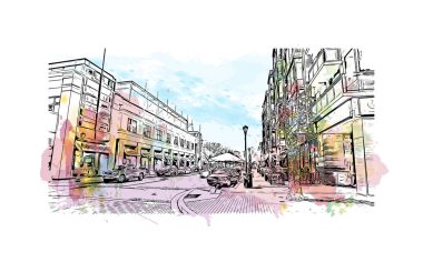 Rockville 'in simgesi olan Print Building Manzarası, Maryland' deki bir şehirdir. Vektörde elle çizilmiş resim ile suluboya sıçraması.