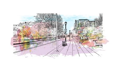 Rockville 'in simgesi olan Print Building Manzarası, Maryland' deki bir şehirdir. Vektörde elle çizilmiş resim ile suluboya sıçraması.