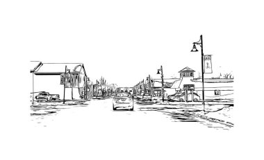 Rogers 'ın simgesi olan Print Building Manzarası Michigan' daki bir şehirdir. Vektörde elle çizilmiş çizim çizimi.