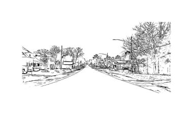 Rogers 'ın simgesi olan Print Building Manzarası Michigan' daki bir şehirdir. Vektörde elle çizilmiş çizim çizimi.