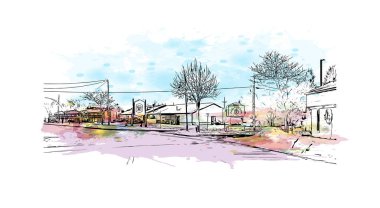 Rogers 'ın simgesi olan Print Building Manzarası Michigan' daki bir şehirdir. Vektörde elle çizilmiş resim ile suluboya sıçraması.