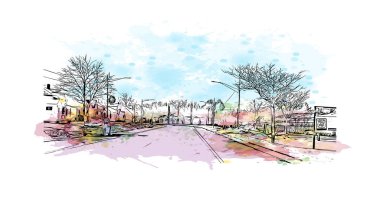 Rogers 'ın simgesi olan Print Building Manzarası Michigan' daki bir şehirdir. Vektörde elle çizilmiş resim ile suluboya sıçraması.