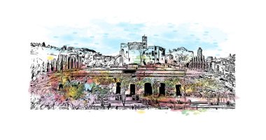 Print Building view with landmark of Rome is the capital city in Italy. Vektörde elle çizilmiş resim ile suluboya sıçraması.