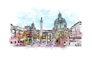 Print Building view with landmark of Rome is the capital city in Italy. Vektörde elle çizilmiş resim ile suluboya sıçraması.