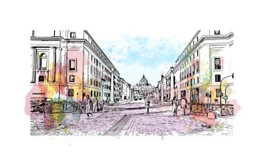 Print Building view with landmark of Rome is the capital city in Italy. Vektörde elle çizilmiş resim ile suluboya sıçraması.