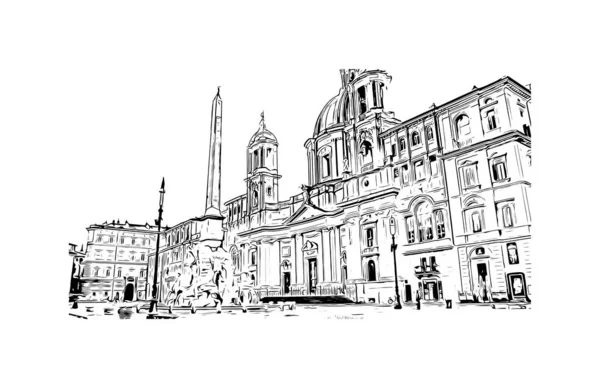 带有罗马地标的印刷建筑景观是意大利的首都 矢量手绘草图 — 图库矢量图片