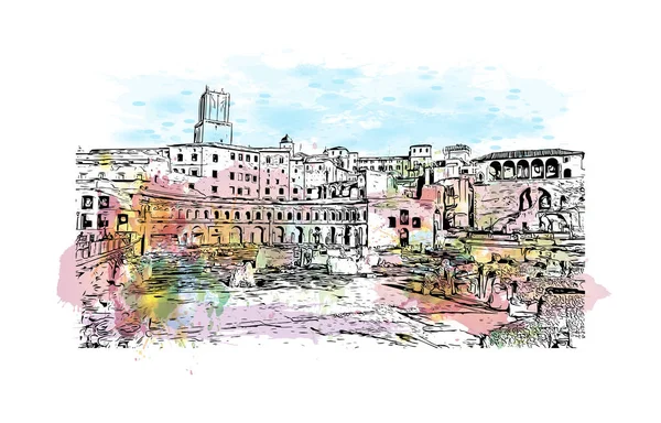 Print Building View Landmark Rome Olaszország Fővárosa Akvarell Splash Kézzel — Stock Vector