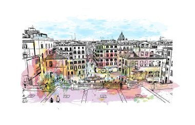 Print Building view with landmark of Rome is the capital city in Italy. Vektörde elle çizilmiş resim ile suluboya sıçraması.
