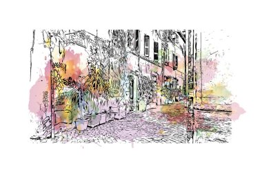 Print Building view with landmark of Rome is the capital city in Italy. Vektörde elle çizilmiş resim ile suluboya sıçraması.