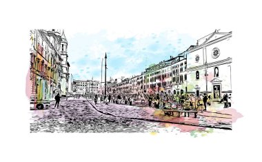 Print Building view with landmark of Rome is the capital city in Italy. Vektörde elle çizilmiş resim ile suluboya sıçraması.