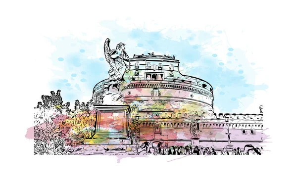 带有罗马地标的印刷建筑景观是意大利的首都 矢量手绘示意图水彩画 — 图库矢量图片