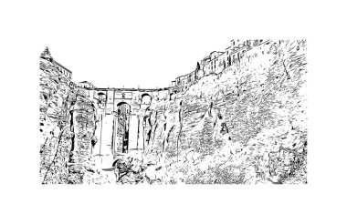 Print Building view with landmark of Ronda is a city of Spain. Vektörde elle çizilmiş çizim çizimi.