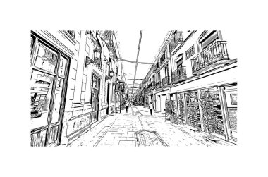 Print Building view with landmark of Ronda is a city of Spain. Vektörde elle çizilmiş çizim çizimi.