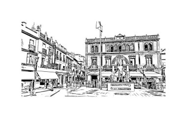 Print Building view with landmark of Ronda is a city of Spain. Vektörde elle çizilmiş çizim çizimi.