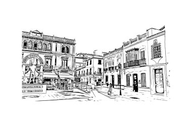 Print Building view with landmark of Ronda is a city of Spain. Vektörde elle çizilmiş çizim çizimi.