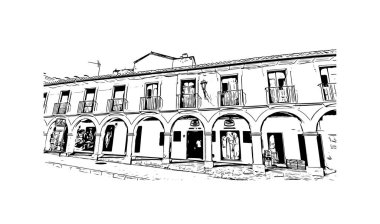 Print Building view with landmark of Ronda is a city of Spain. Vektörde elle çizilmiş çizim çizimi.