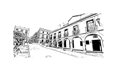 Print Building view with landmark of Ronda is a city of Spain. Vektörde elle çizilmiş çizim çizimi.