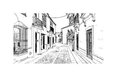 Print Building view with landmark of Ronda is a city of Spain. Vektörde elle çizilmiş çizim çizimi.