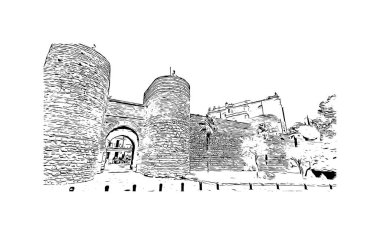 Print Building view with landmark of Ronda is a city of Spain. Vektörde elle çizilmiş çizim çizimi.