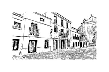 Print Building view with landmark of Ronda is a city of Spain. Vektörde elle çizilmiş çizim çizimi.