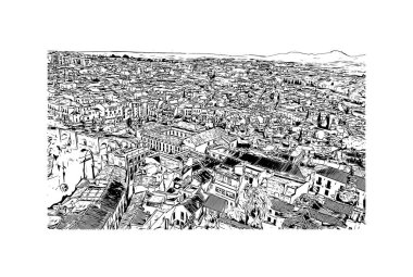 Print Building view with landmark of Ronda is a city of Spain. Vektörde elle çizilmiş çizim çizimi.