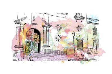 Print Building view with landmark of Ronda is a city of Spain. Vektörde elle çizilmiş resim ile suluboya sıçraması.