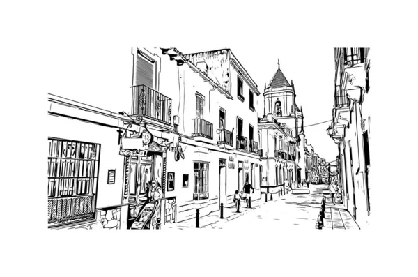 Vytisknout Pohled Budovu Orientačním Bodem Rondy Město Španělsku Ručně Kreslená — Stockový vektor