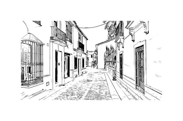 Print Building Vista Com Marco Ronda Uma Cidade Espanha Desenho —  Vetores de Stock