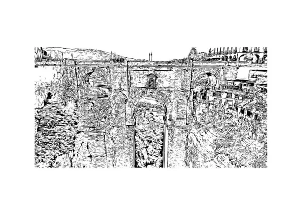 Print Building View Landmark Ronda City Spain Hand Drawn Sketch — Stock Vector