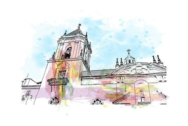 朗达的标志性建筑是西班牙的一个城市 矢量手绘示意图水彩画 — 图库矢量图片