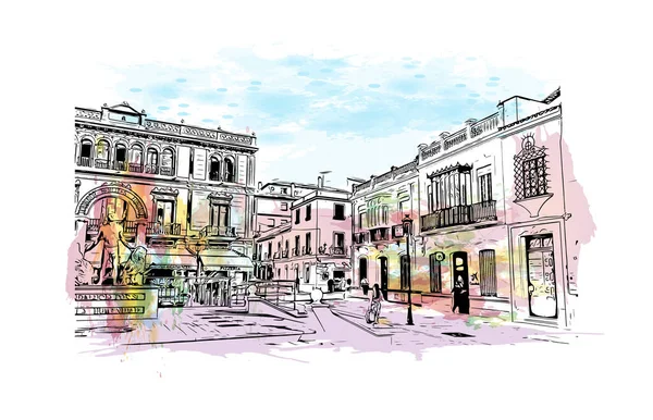 朗达的标志性建筑是西班牙的一个城市 矢量手绘示意图水彩画 — 图库矢量图片