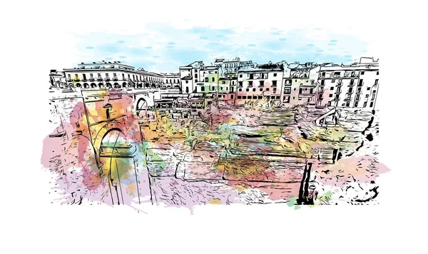 Print Building View Landmark Ronda City Spain Watercolor Splash Hand — Stock Vector