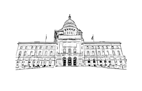 Print Building View Landmark Providence Capital City State Hand Drawn — Stock Vector