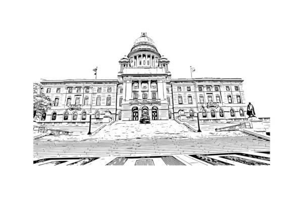 Print Building View Landmark Providence Capital City State Hand Drawn — Stock Vector