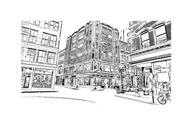 Print Building view with landmark of Providence, ABD 'nin başkenti. Vektörde elle çizilmiş çizim çizimi.