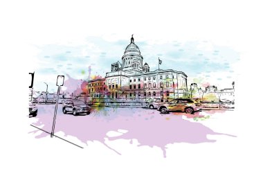 Print Building view with landmark of Providence, ABD 'nin başkenti. Vektörde elle çizilmiş resim ile suluboya sıçraması.