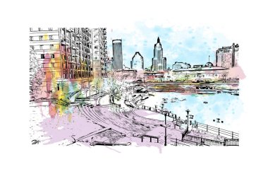 Print Building view with landmark of Providence, ABD 'nin başkenti. Vektörde elle çizilmiş resim ile suluboya sıçraması.