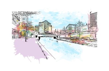 Print Building view with landmark of Providence, ABD 'nin başkenti. Vektörde elle çizilmiş resim ile suluboya sıçraması.