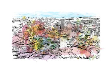 Print Building view with landmark of Providence, ABD 'nin başkenti. Vektörde elle çizilmiş resim ile suluboya sıçraması.