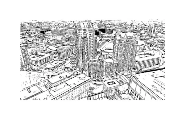 具有普罗维登斯地标的印刷建筑景观是美国的首府 矢量手绘草图 — 图库矢量图片