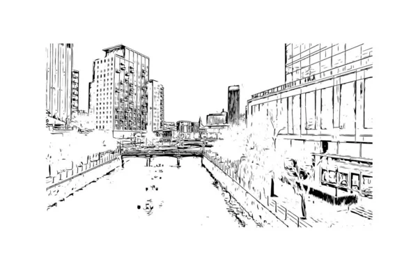 具有普罗维登斯地标的印刷建筑景观是美国的首府 矢量手绘草图 — 图库矢量图片