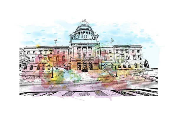 Print Building View Landmark Providence Capital City State Akvarell Splash — Stock Vector