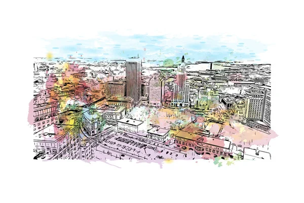具有普罗维登斯地标的印刷建筑景观是美国的首府 矢量手绘示意图水彩画 — 图库矢量图片