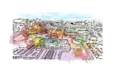 Print Building view with landmark of Providence, ABD 'nin başkenti. Vektörde elle çizilmiş resim ile suluboya sıçraması.