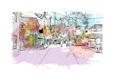 Provincetown 'un simgesi olan Print Building View, Massachusetts' te yer alan bir şehirdir. Vektörde elle çizilmiş resim ile suluboya sıçraması.