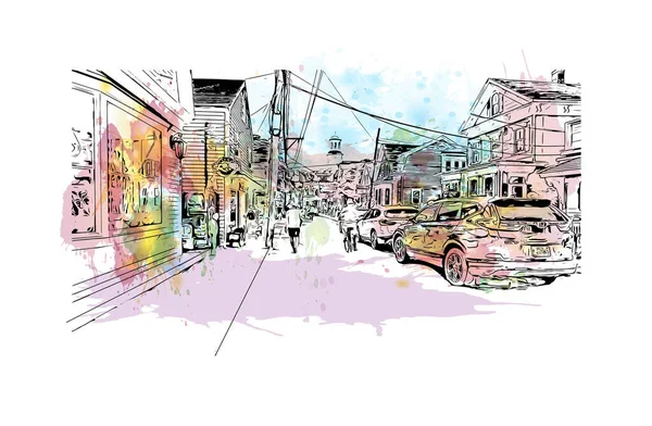 Vytisknout Pohled Budovu Orientačním Bodem Provincetownu Město Massachusetts Akvarelové Stříknutí — Stockový vektor
