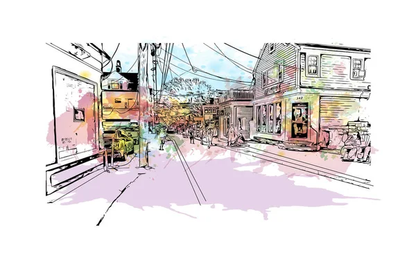 Print Building View Landmark Provincetown Town Massachusetts Watercolor Splash Hand — Stock Vector
