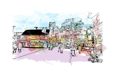 Provincetown 'un simgesi olan Print Building View, Massachusetts' te yer alan bir şehirdir. Vektörde elle çizilmiş resim ile suluboya sıçraması.